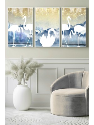 Flamingo ve Kuğu Silüetleri Manzarası 3’lü Kanvas Tablo