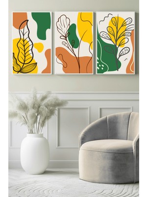 Sıcak Tonlarda Yaprak Çizimleri 3’lü Kanvas Tablo