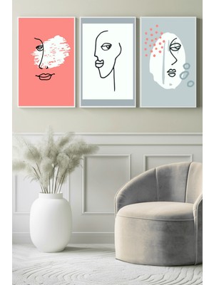 Renkli Çizgi Yüz Portreleri 3’lü Kanvas Tablo