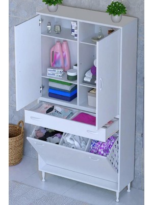 Eliusta Wall Beyaz Banyo Dolabı 100 cm  Üç Göz Bölmeli Sepet 100X171X32,5 cm 4 Raflı Mutfak/banyo Dolabı