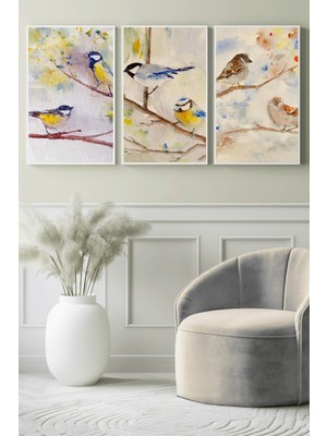 Sulu Boya Stilinde Dallardaki Kuşlar 3’lü Kanvas Tablo