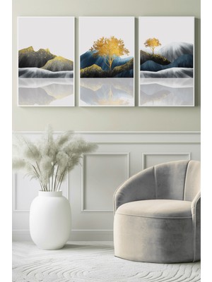 Soyut Altın Ağaç ve Dağ Yansıması 3’lü Kanvas Tablo
