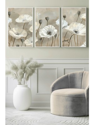 Krem Tonlarda Gelincik Bahçesi 3’lü Kanvas Tablo