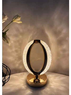 Feyza Design Şarjlı Kristal Masa Lambası, Oval Gold LED Abajur, Dokunmatik 3 Renk Modu