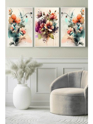Renkli Çiçek Desenli Suluboya 3’lü Kanvas Tablo