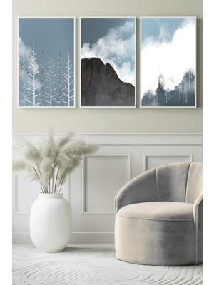 Sisli Dağ ve Ağaç Silüetleri 3’lü Kanvas Tablo