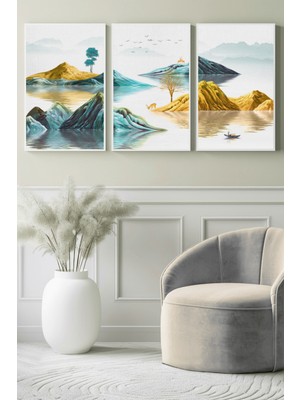 Pastel Tonlarda Göl ve Dağ Manzarası 3’lü Kanvas Tablo