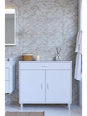 Eliusta Rose 90 cm Beyaz 1 Çekmeceli Banyo Mutfak Dolabı 4 Bölmeli 3 Raflı Çok Amaçlı Dolap 90X88X32,5 cm