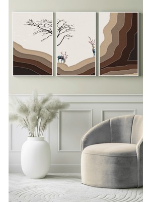 Kahve Tonlarında Dağ ve Geyik Silüeti 3’lü Kanvas Tablo