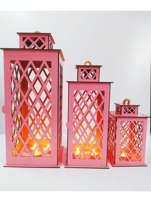 Feyza Design Şirin Pembe Ahşap Fener Mumluk Seti – 3 Lü Dekoratif Aydınlatma