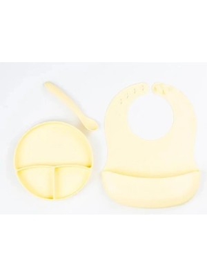 Epilons Sarı 3 Lü Silikon Yemek Seti - Önlük + Diş Kaşıyıcılı Kaşık + Vakumlu Tabak