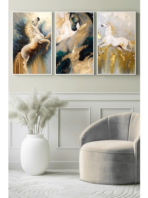 Altın Dokulu Soyut At Figürü 3’lü Kanvas Tablo