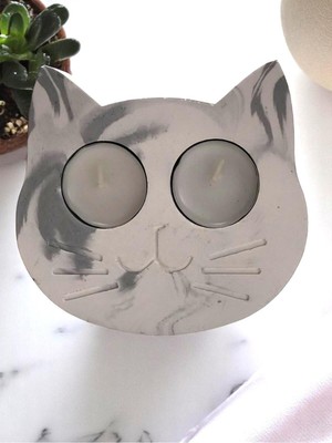 Feyza Design Kedi Desenli Beton Ikili Tealight Mumluk 113X125 Mm, Şık ve Modern Tasarım