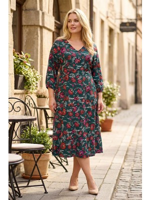 Stil Diva Büyük Beden V Yaka Çiçek Desenli Fakir Kol Midi Elbise 140422