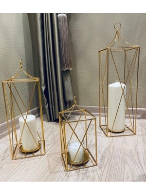 Feyza Design 3'lü Altın Dekoratif Kafes Mumluk Takımı, Şamdan ve Metal Fener Seti