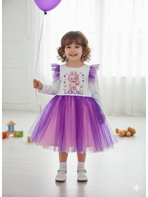 Mor Tüllü Uzun Kollu Labubu Kız Çocuk Doğum Günü Parti Elbisesi