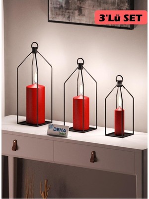 Feyza Design Şık Metal Kafes 3'lü Mumluk Seti, Ferforje Dekoratif Fenerler