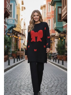 M&Ç Boutique Kadın Büyük Fiyonk Desenli Triko Ikili Takım – Siyah Kırmızı