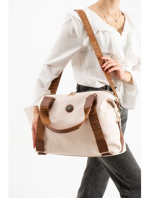 Sanmorris Kadın Çok Gözlü Büyük Boy Ayarlanabilir Krem Taba Renk Çapraz Askılı El ve Omuz Çantası