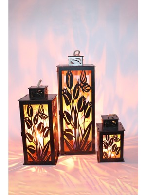 Feyza Design Şık Ahşap Fener Mumluk Seti, Siyah, 3'lü Paket, Dekoratif ve Zarif