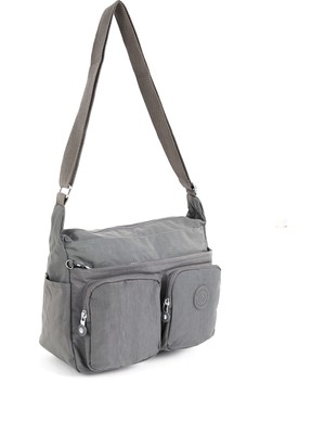 Sanmorris Kadın Suya Dayanıklı Paraşüt Kumaş Çok Gözlü Ayarlanabilir Açık Gri Çapraz Askılı Omuz Çantası