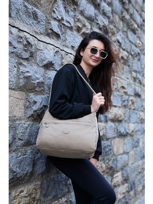 Sanmorris Kadın Suya Dayanıklı Kumaş 5 Gözlü Çapraz Askılı K.haki ( Bej) Okul Seyahat ve Omuz Çantası