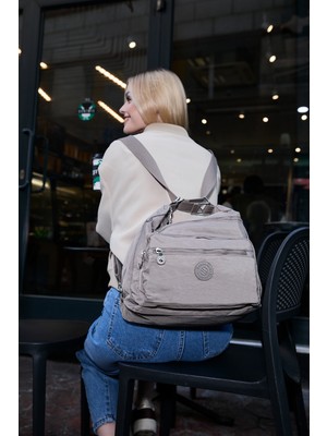 Sanmorris Kadın 7 Bölmeli Krinkıl Kumaş Suya Dayanıklı Vizon Omuz ve Sırt Çantası