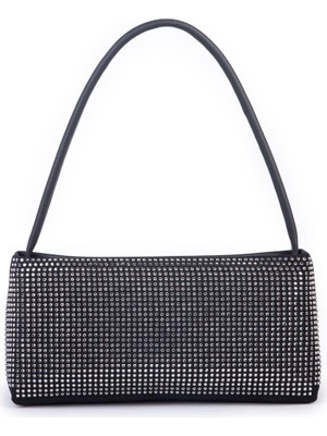 Sargınlar Nas Siyah Gümüş Taşlı Kadın Baguette Çanta | Omuz ve Çapraz Kullanım | 27X12 cm Basic Baget Model