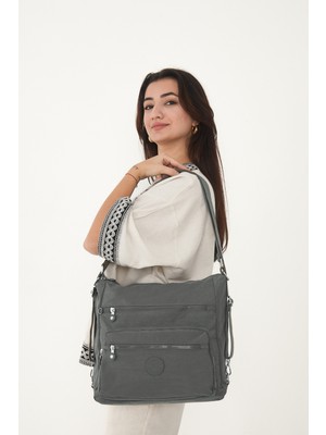 Sanmorris Kadın 7 Bölmeli Krinkıl Kumaş Suya Dayanıklı Koyu Gri Omuz ve Sırt Çantası