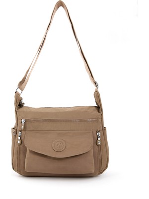 Sanmorris Kadın Suya Dayanıklı Krinkıl Kumaş Çok Gözlü Ayarlanabilir Çapraz Askılı Vizon Omuz Çantası