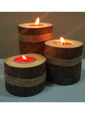 Feyza Design 3'lü Ahşap Kütük Mumluk Seti, Doğal ve Şık Dekoratif Hediye