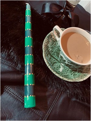 Feyza Design El Boyama Pip Yeşil Gold Detaylı Şamdan Mum, Şık ve Zarif Dekorasyon Parçası