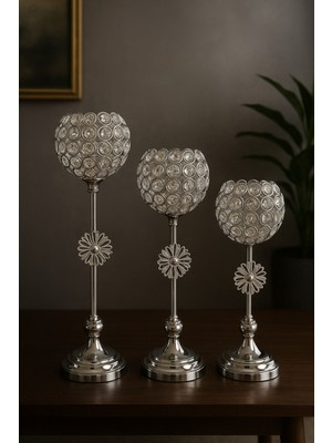Feyza Design Şık Kristal Taşlı Üçlü Gümüş Renk Dekoratif Mumluk Seti