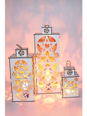Feyza Design Ahşap Fener Mumluk 3’lü Set, Yıldız Tasarımı, Dekoratif Işıklandırma