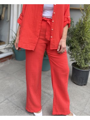 Kuşaklı Müslin Pantolon Nar Çiçeği