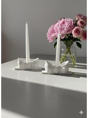 Feyza Design Şamdan Çifti, Beyaz Fiyonk Tasarımı, Şık ve Zarif Hediye Mumluklar