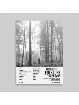 Orendart Taylor Swift - Folklore Albüm Spotify Çerçeveli - Çerçevesiz Poster Tablo