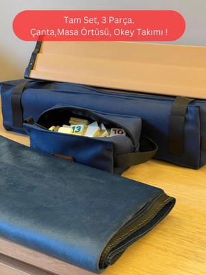 Mady Aksesuar Okey Takım Çantası Koyu Lacivert, Oyun Masası Örtüsü, Plastik Okey Takımı Seti