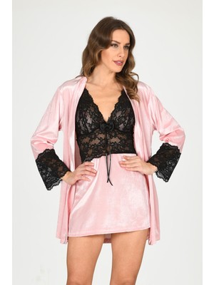 Çamaşır Kenti Pudra Kadife Sabahlık & Gecelik Takım 2' Li - 1446