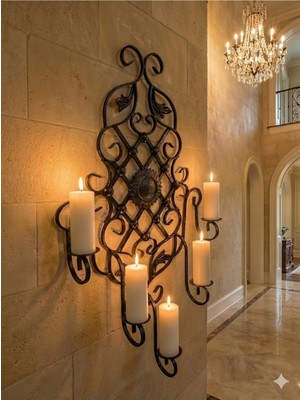 Feyza Design Şık 5'li Ferforje Duvar Şamdanı, Siyah Rustik Metal Mumluk Aplik