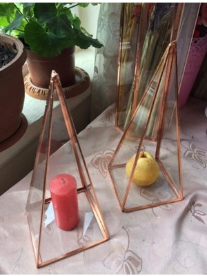 Güven Cam Bakır Rose Piramit Üçgen Mumluk Dekoratif Raf