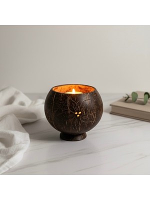 Feyza Design Doğal Hindistan Cevizi Kabuğu Mumluk, Sıcak ve Şık Aydınlatma Seçeneği