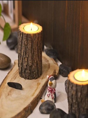 Feyza Design El Işçiliği Kütük Görünümlü Taş Mumluk ve Sunum Tepsisi Seti