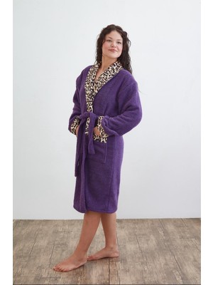 Aras Home Collection Pamuk Jakarlı Kadın Bornoz Leopar Desenli Şal Yaka/ev ve Banyo Bornozu