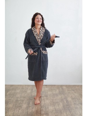 Aras Home Collection Pamuk Jakarlı Kadın Bornoz Leopar Desenli Şal Yaka/ev ve Banyo Bornozu