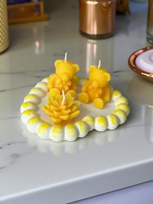 Feyza Design Kalp Beton Takı Tabağı, Ayıcıklar ve Çiçekli Mum Seti