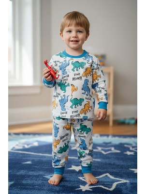 FullaModa %100 Pamuk Dinozor Baskılı Çıtçıtlı Erkek Çocuk Pijama Takımı