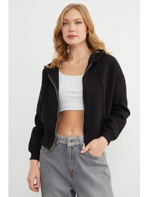 FullaModa Basic Fermuarlı Kapüşonlu Crop Sweatshirt