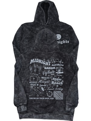 Fuddy Moda Unisex Midnights Sırt Baskılı Kapüşonlu Yıkamalı Sweatshirt, Oversize Taylor Swift Vintage Hoodie