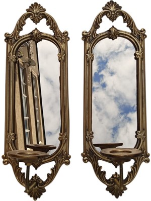 Feyza Design Şık Altın Renkli Dekoratif Polyester Niş Dikdörtgen Aynalı Mumluk Takımı